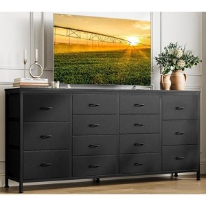Dresser, Extra Wide 14-Drawer Black Fabric Fronts, Modern Frame
