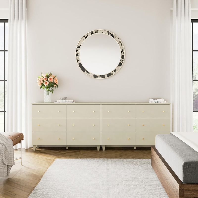 Dresser: Extra Wide Beige 12 Drawer Dresser Linen Texture Gold Knobs