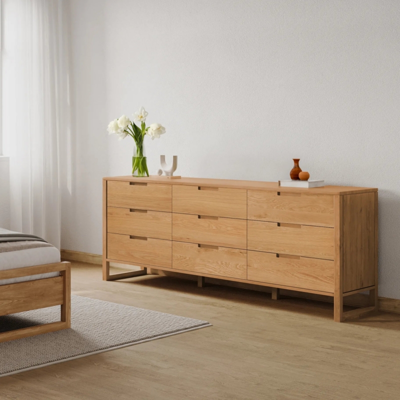 Dresser Extra Wide Silhouette Nine Drawers Recessed Pulls Light Wood