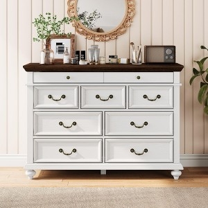 Dresser Farmhouse Nine Drawers White Wood Toned Top