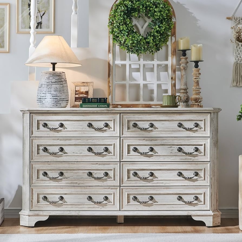 Dresser Farmhouse White Eight Drawer with Ornate Pulls