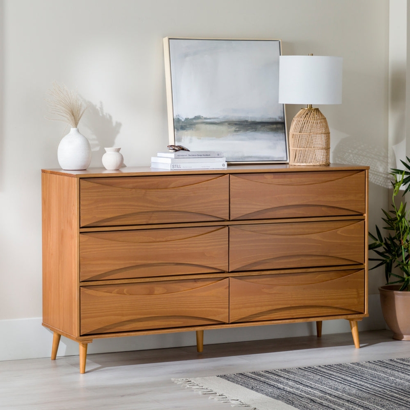 Dresser featuring Sculpted Drawer Fronts in Caramel Mid Century Wood
