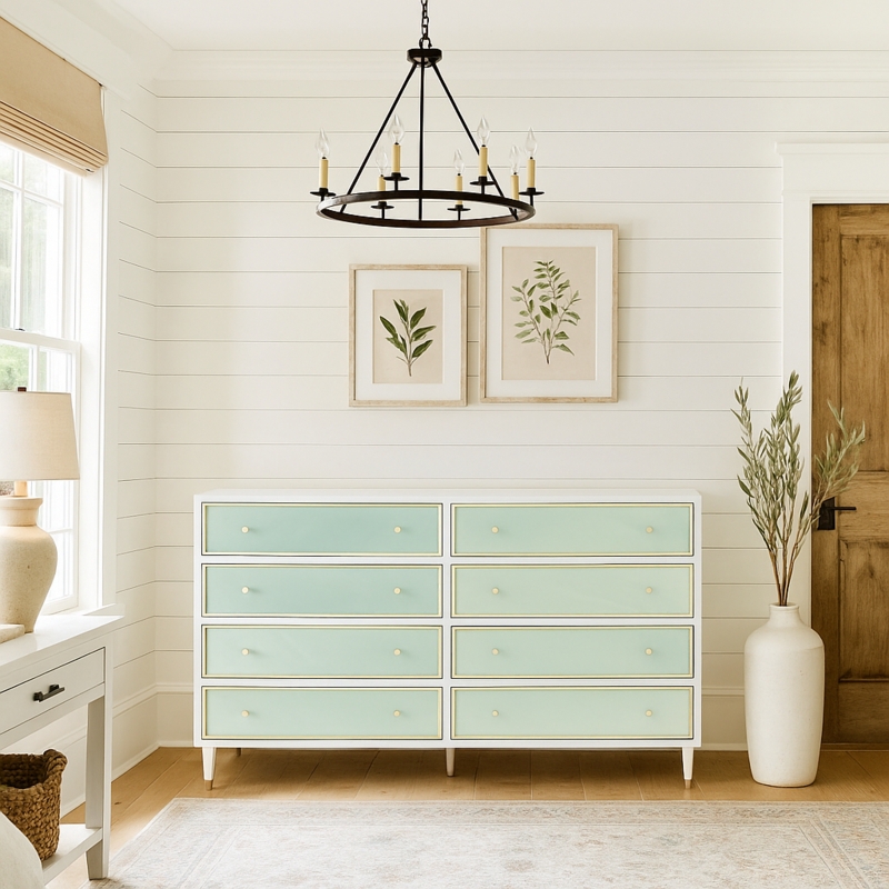 Dresser featuring Seaglass Green Panels and Gold Trim, Modern Coastal Decor