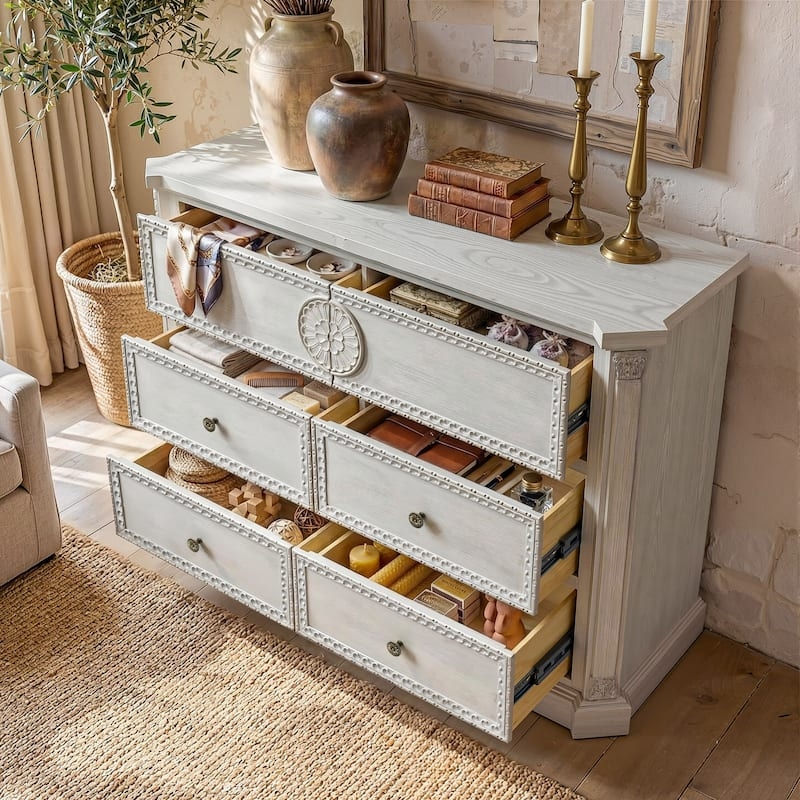 Dresser, Floral Medallion, Beaded Drawer Fronts, Light Grey finish