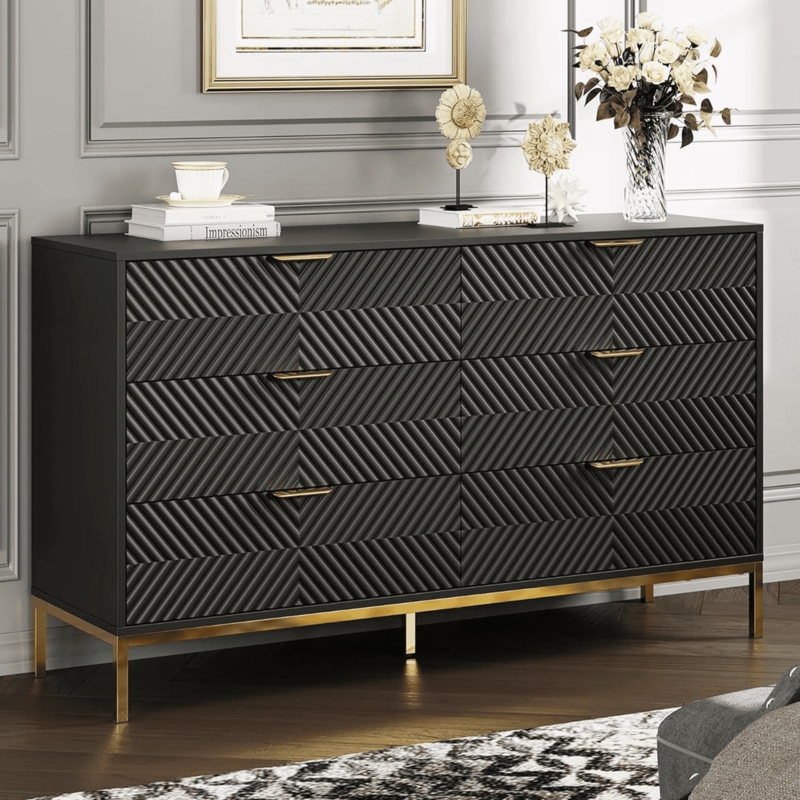 Dresser Fluted Chevron Texture Gold Base Chic Wood Chest