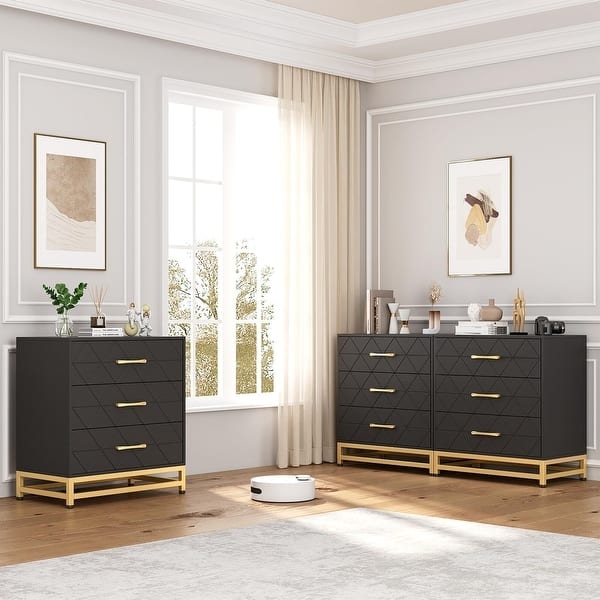 Dresser Geometric Carved Drawers Gold Sled Base Modern Glam