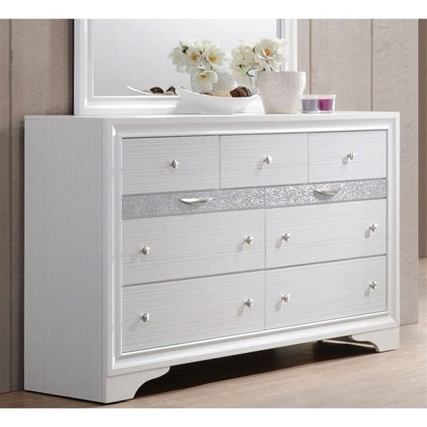 Dresser Glam Style White Textured Finish Glitter Inlay Mixed Hardware