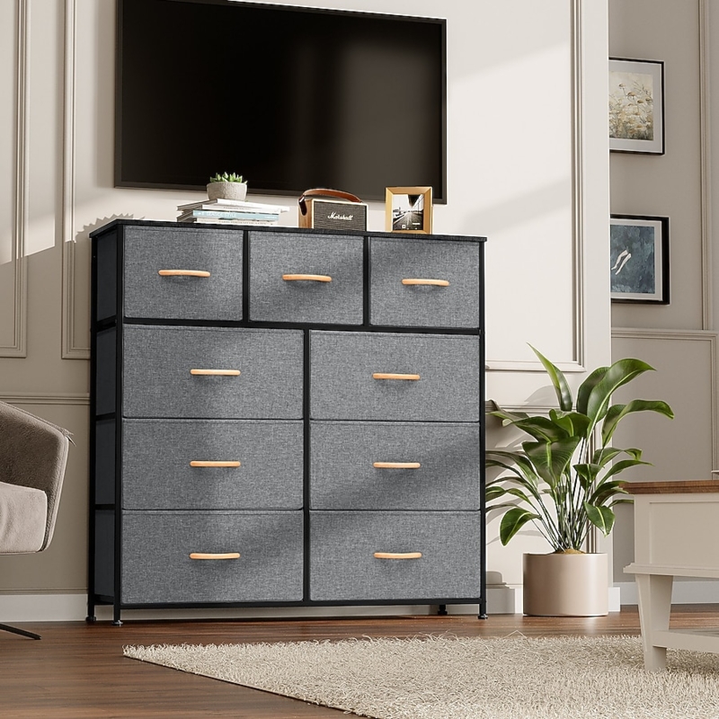 Dresser Gray Fabric 9 Drawer Tower With Wood Handles