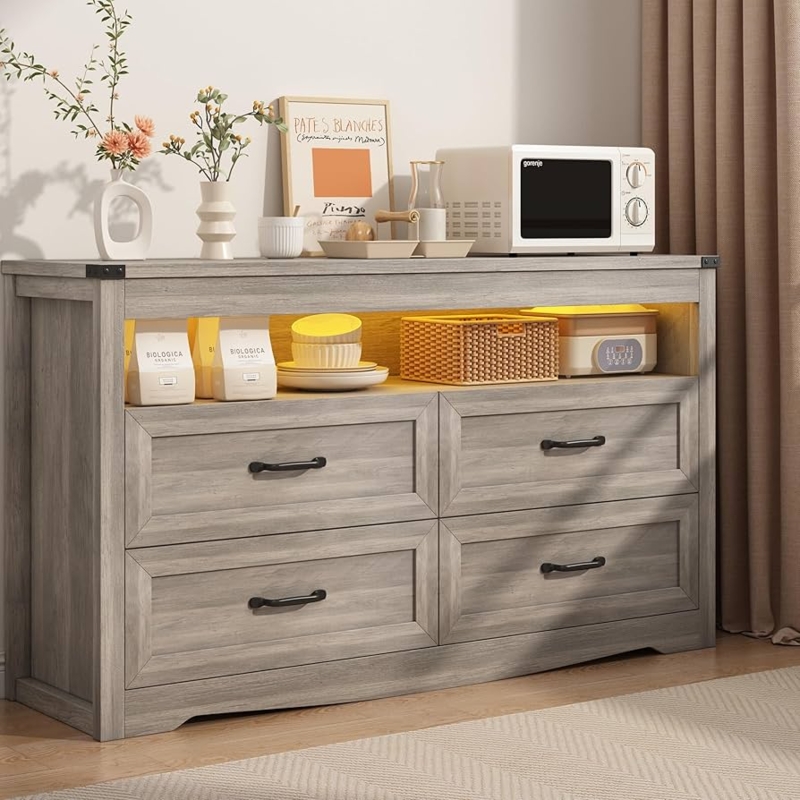 Dresser Grey Wood Grain with LED Lighting and Open Shelf