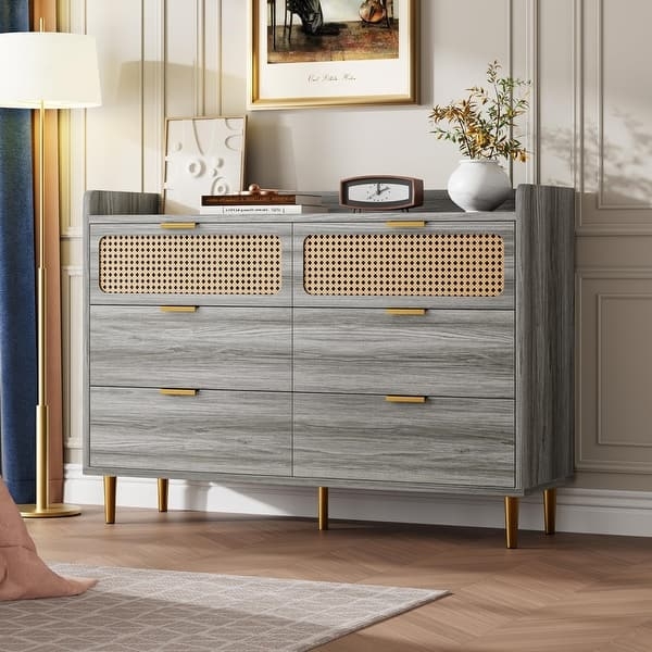 Dresser: Grey Wood, Rattan Top Drawers, Railed Edge, Gold.