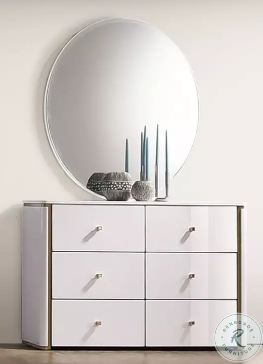 Dresser High Gloss White Curved Side Profile Gold Accents Contemporary