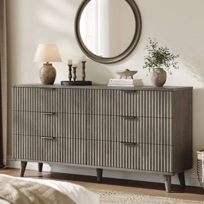 Dresser in Grey: 6-Drawer Chest with Fluted Panels & Tapered Legs