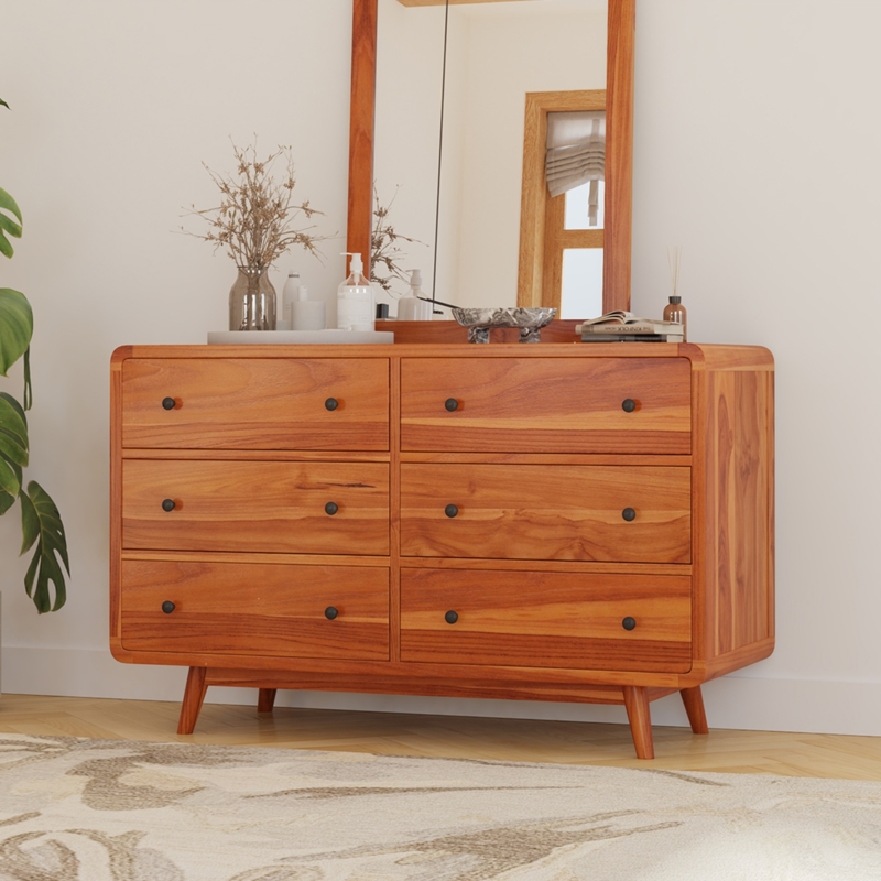Dresser in Honey Wood with Rounded Corners and Tapered Legs