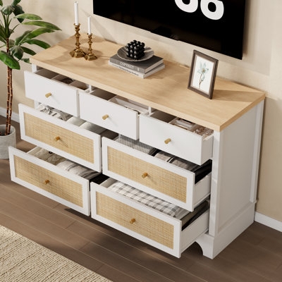 Dresser in Two-Tone: White & Wood Seven-Drawer Chest with Rattan
