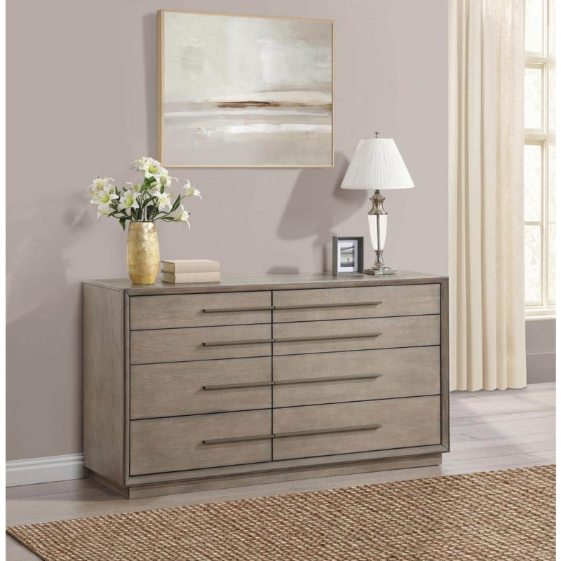 Dresser in Washed Oak Finish, Eight Drawers with Horizontal Bar Pulls