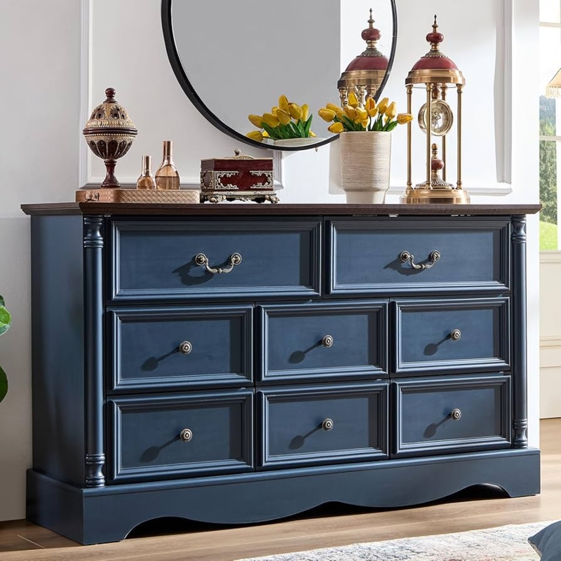 Dresser Indigo Blue Finish Scalloped Base Eight Drawer Configuration
