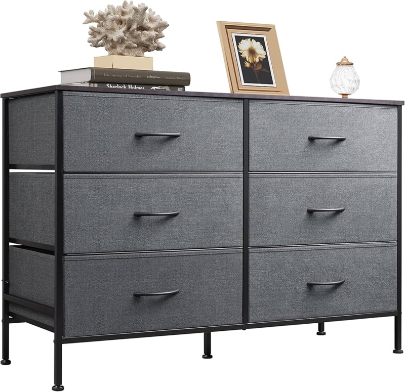 Dresser, Industrial Style, Gray Fabric Drawer Fronts, Black Metal Frame.
