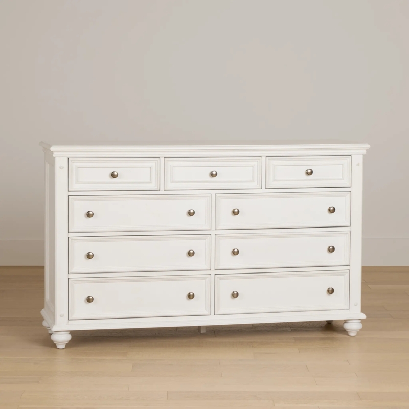 Dresser Ivory Nine-Drawer Chest with Traditional Bun Feet