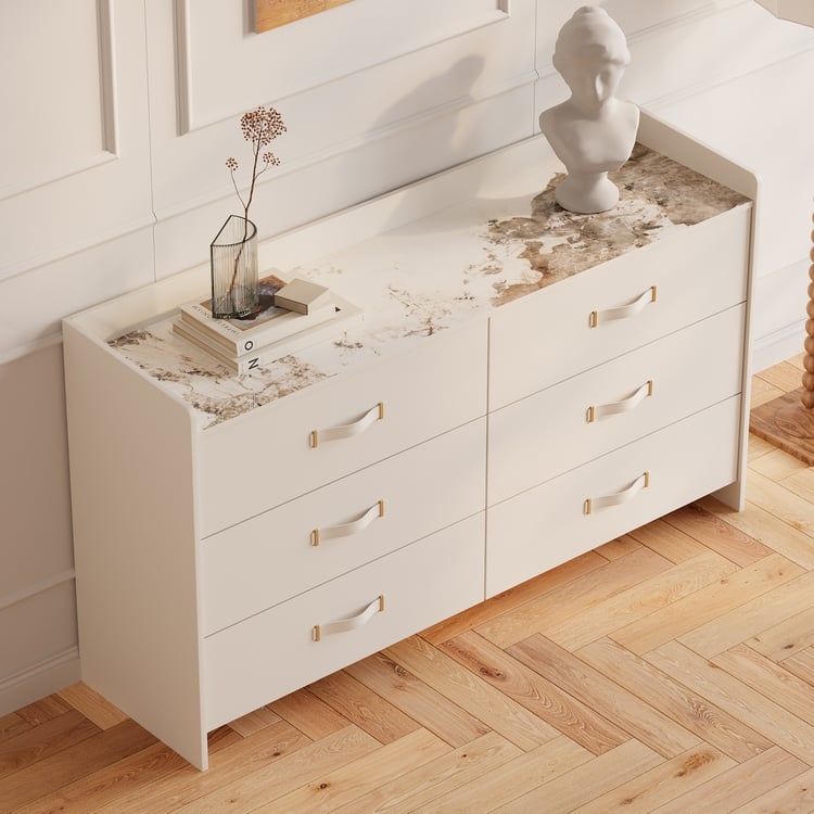 Dresser Leather Loop Handles Stone Patterned Top White Glam