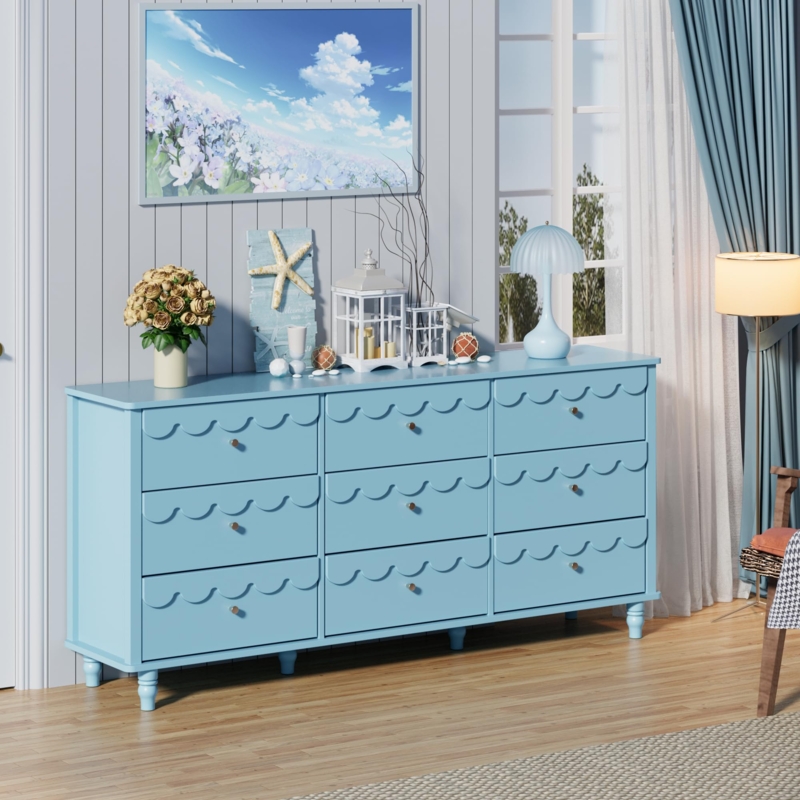 Dresser Light Blue Scalloped Fronts Nine Drawers Coastal Style