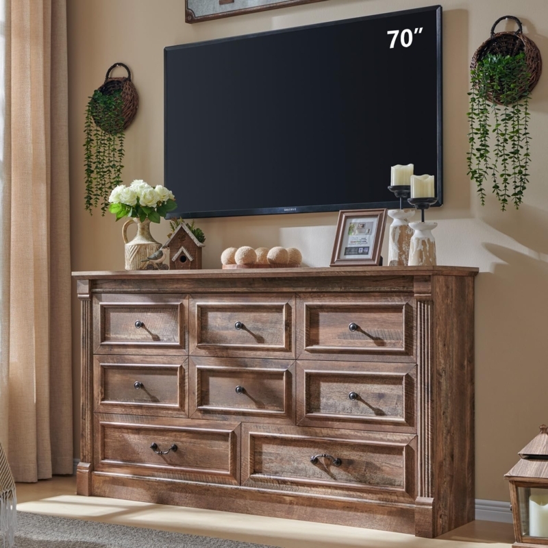 Dresser Light Brown Wood Toned Roman Columns Mixed Drawer Sizes