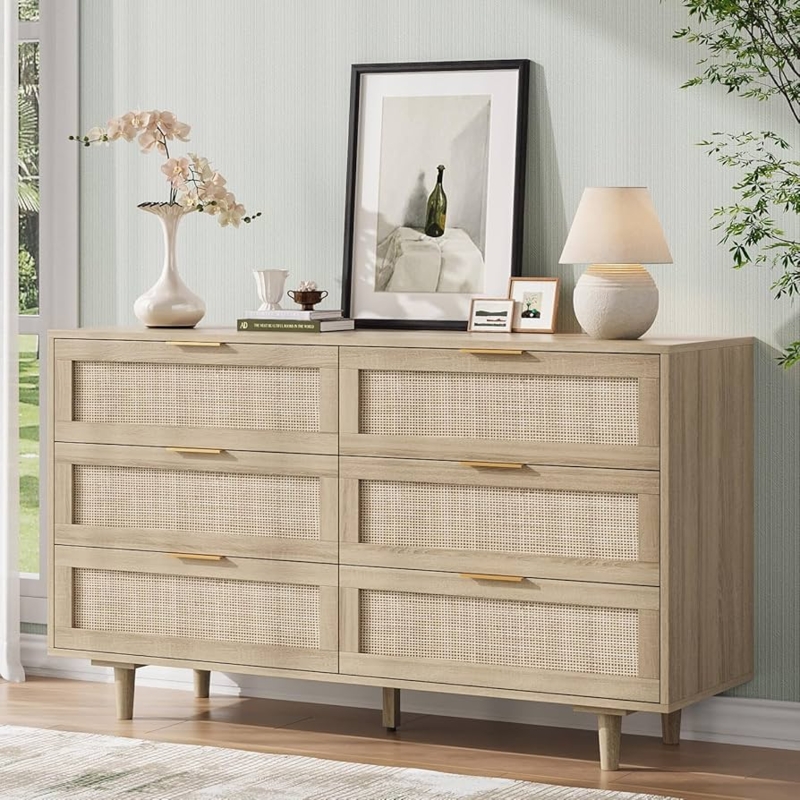Dresser: Light Oak 6-Drawer Chest with Rattan Fronts & Gold Handles