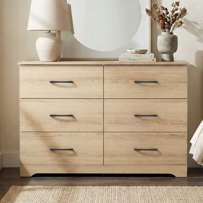 Dresser Light Oak Finish 6 Drawer Slim Black Hardware Minimalist