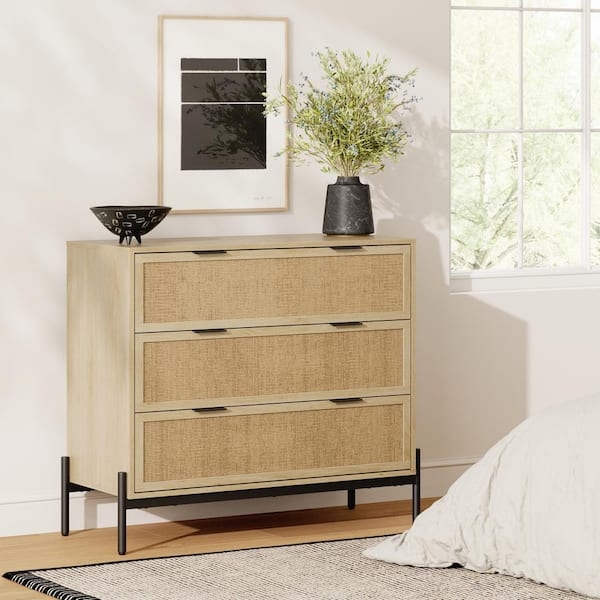 Dresser Light Oak Rattan Accent Black Metal Legs Modern Boho