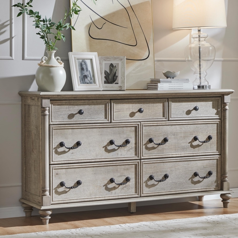Dresser Light Oak Weathered Finish Bun Feet 7 Drawers Farmhouse