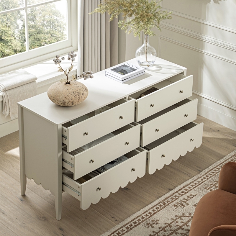 Dresser Light Sand Scalloped Edge with Metal Knobs Transitional Style