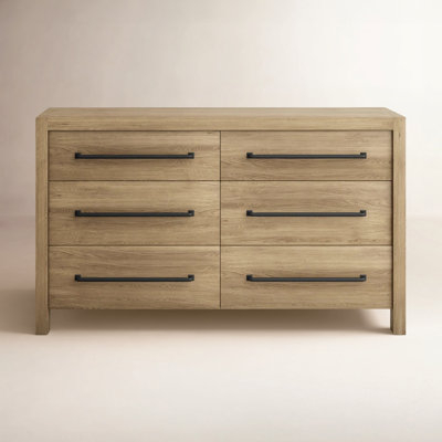 Dresser Light Wood Toned Slim Black Pulls Six Drawers Modern