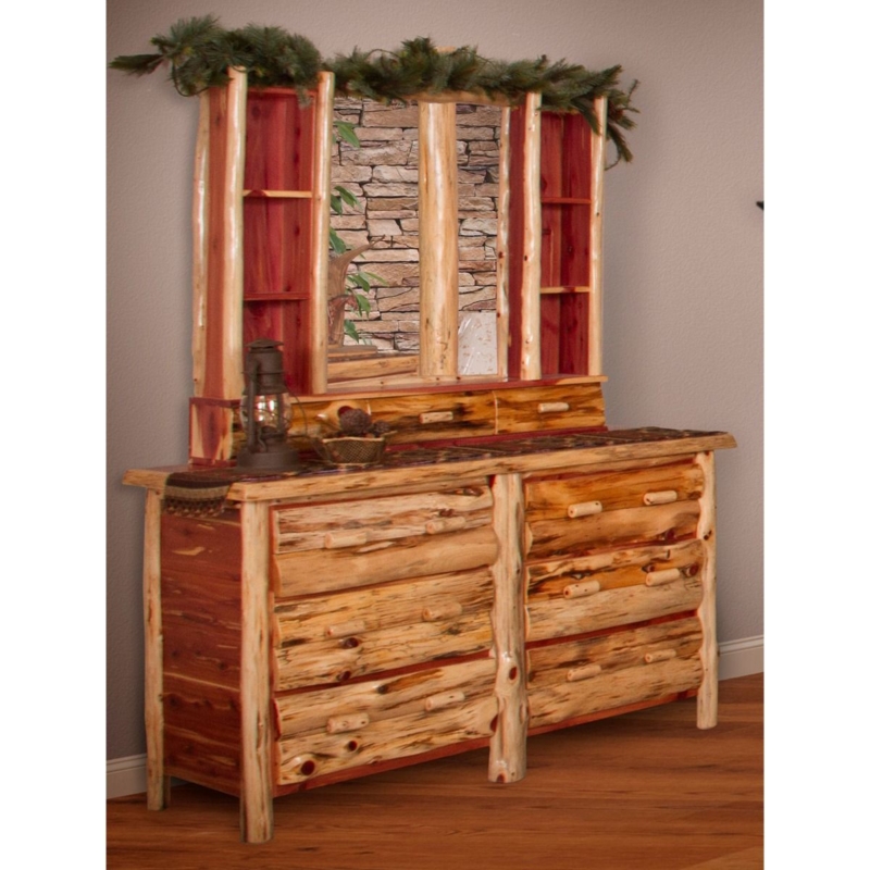 Dresser Lodge Style Integrated Mirror Hutch Log Construction
