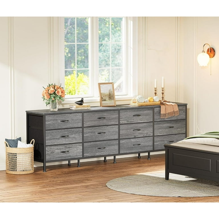 Dresser, Long 12-Drawer Gray Wood Grain Fabric, Metal Frame