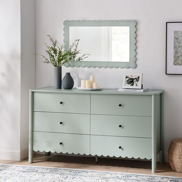 Dresser & Matching Mirror Set Sage Green Scalloped Edge Six Drawers