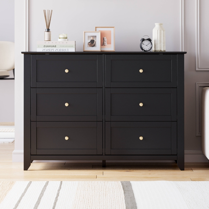 Dresser Matte Black Finish Gold Knobs Recessed Panels Modern Styling
