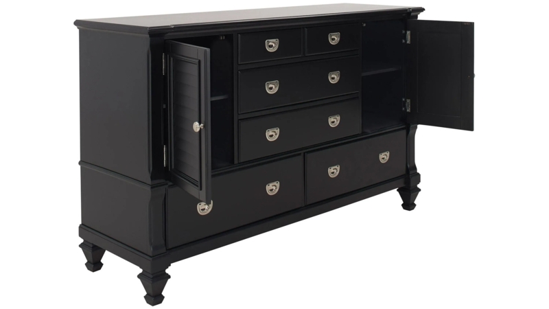 Dresser Matte Black Louvered Doors Cup Pulls Coastal Traditional