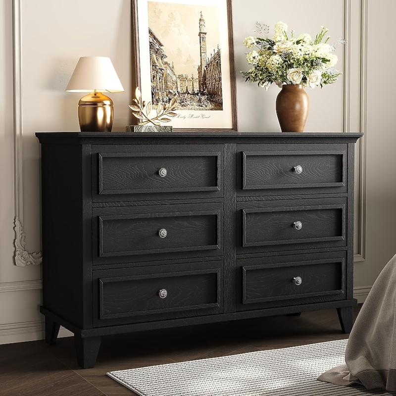 Dresser Matte Black Wood Grain Texture Recessed Drawer Fronts Transitional