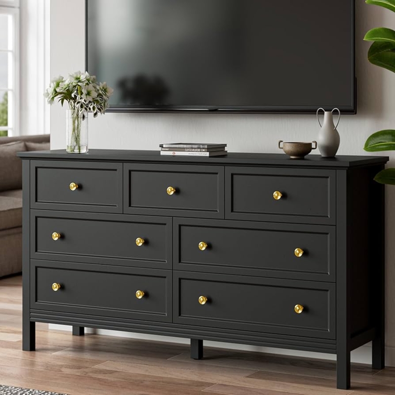 Dresser Matte Finish Seven Drawer Layout with Gold Knobs