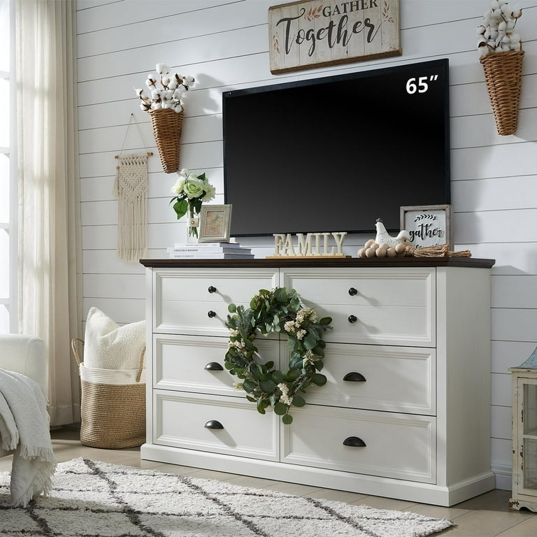Dresser Media Console Two Tone White & Wood Top Mixed Hardware