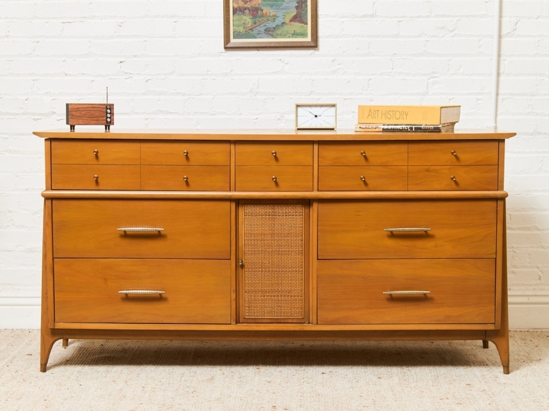 Dresser Mid-Century Cane Center Panel Honey Wood Tapered Legs