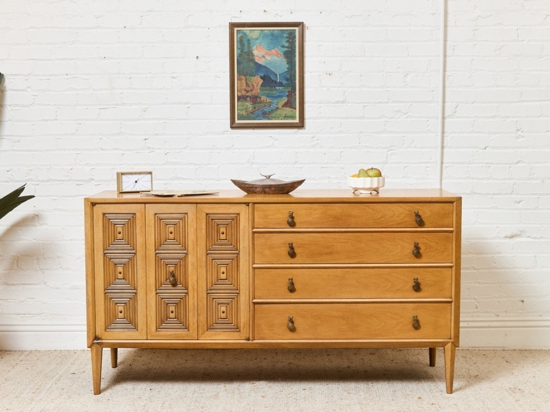 Dresser Mid Century Modern Geometric Carved Doors Honey Wood