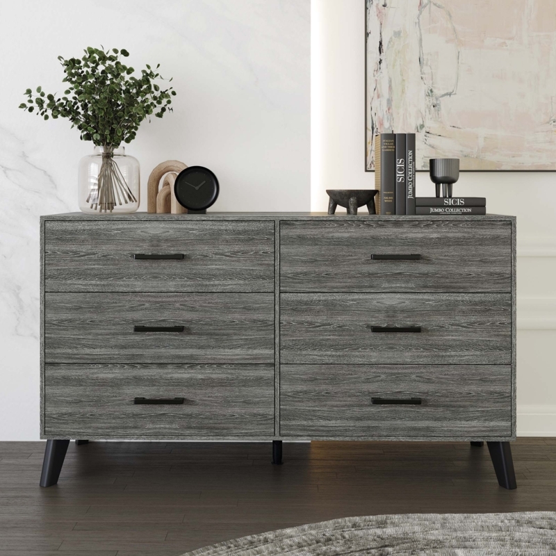 Dresser, Mid-Century Modern, Splayed Black Legs, Dark Grey Wood Grain.