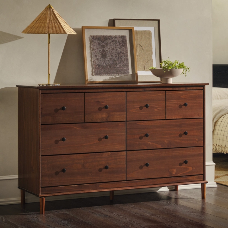 Dresser Mid-Century Modern Walnut Eight Drawer Tapered Legs