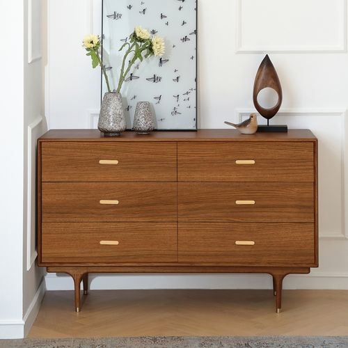 Dresser Mid-Century Modern Walnut Finish, Gold Horizontal Pulls