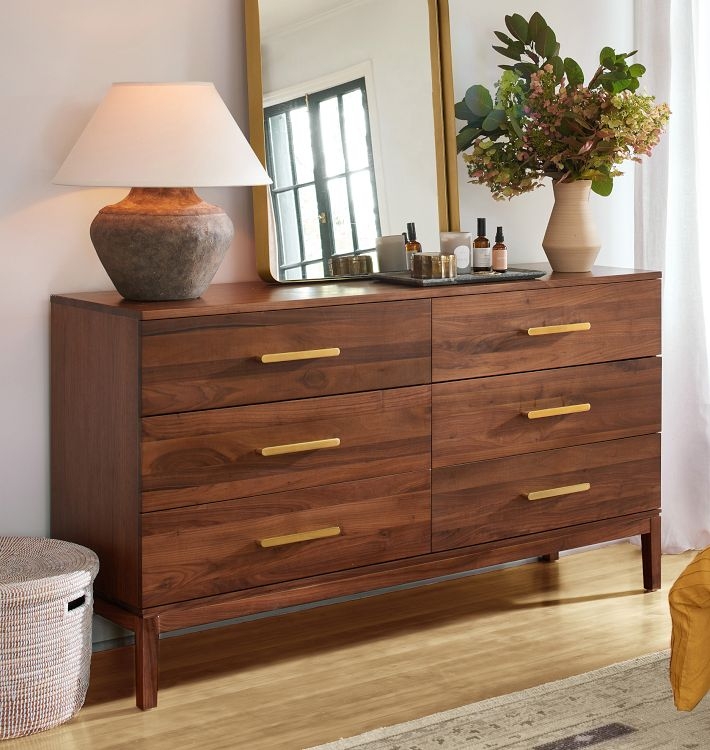 Dresser, Mid-Century Modern Walnut with Brass Bar Pulls