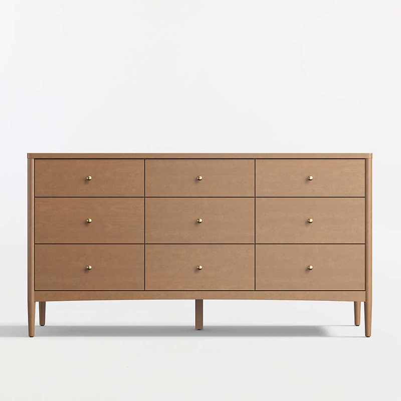 Dresser Mid-Century Style Nine-Drawer Wood with Gold Knobs