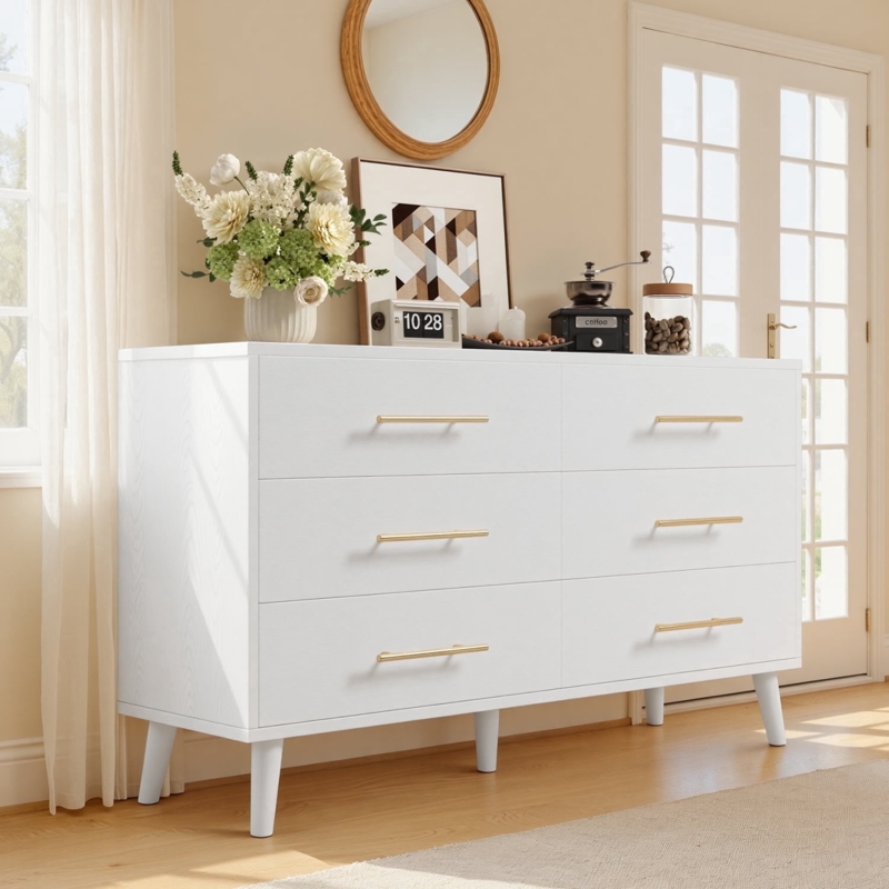 Dresser Mid-Century Tapered Legs Gold Handles Wide Top
