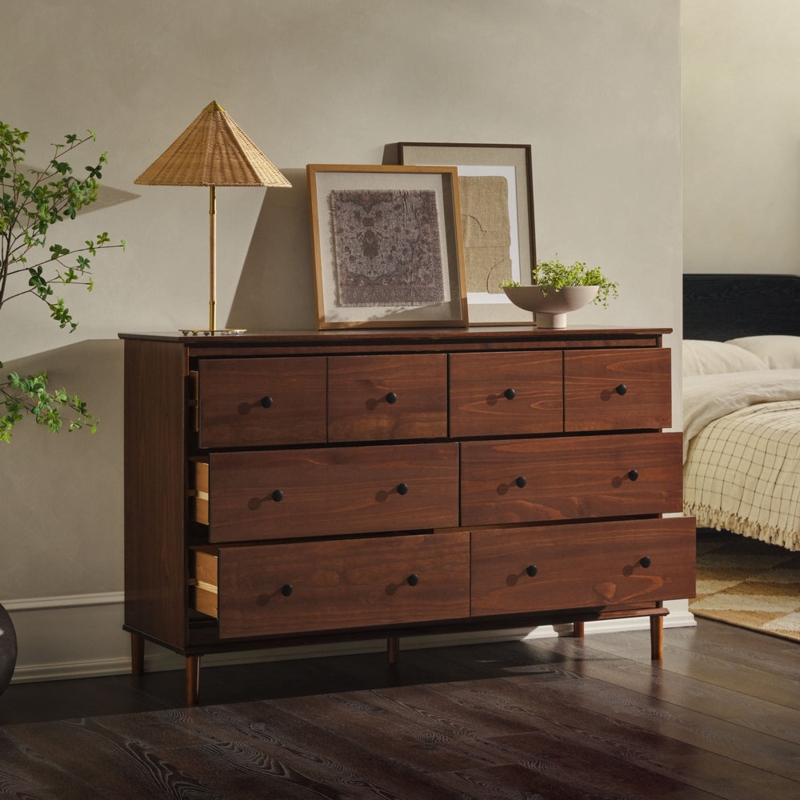 Dresser Mid Century Walnut Finish Round Knobs 8 Drawer Double Chest