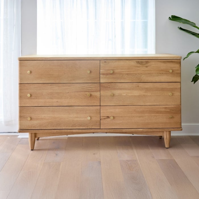 Dresser: Minimalist Light Wood, Six Drawers, Brass Knobs
