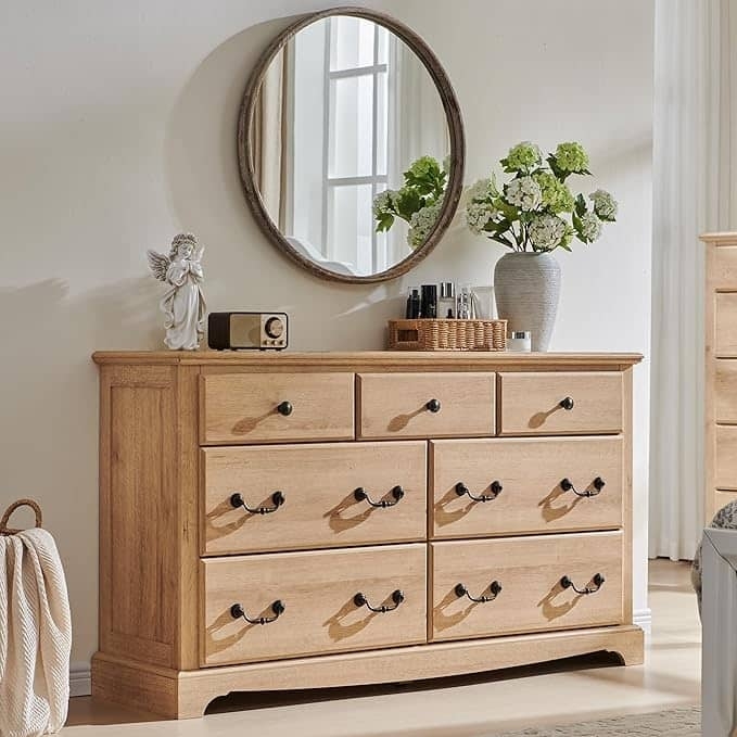 Dresser Mixed Hardware Light Wood Rustic Transitional Seven Drawer